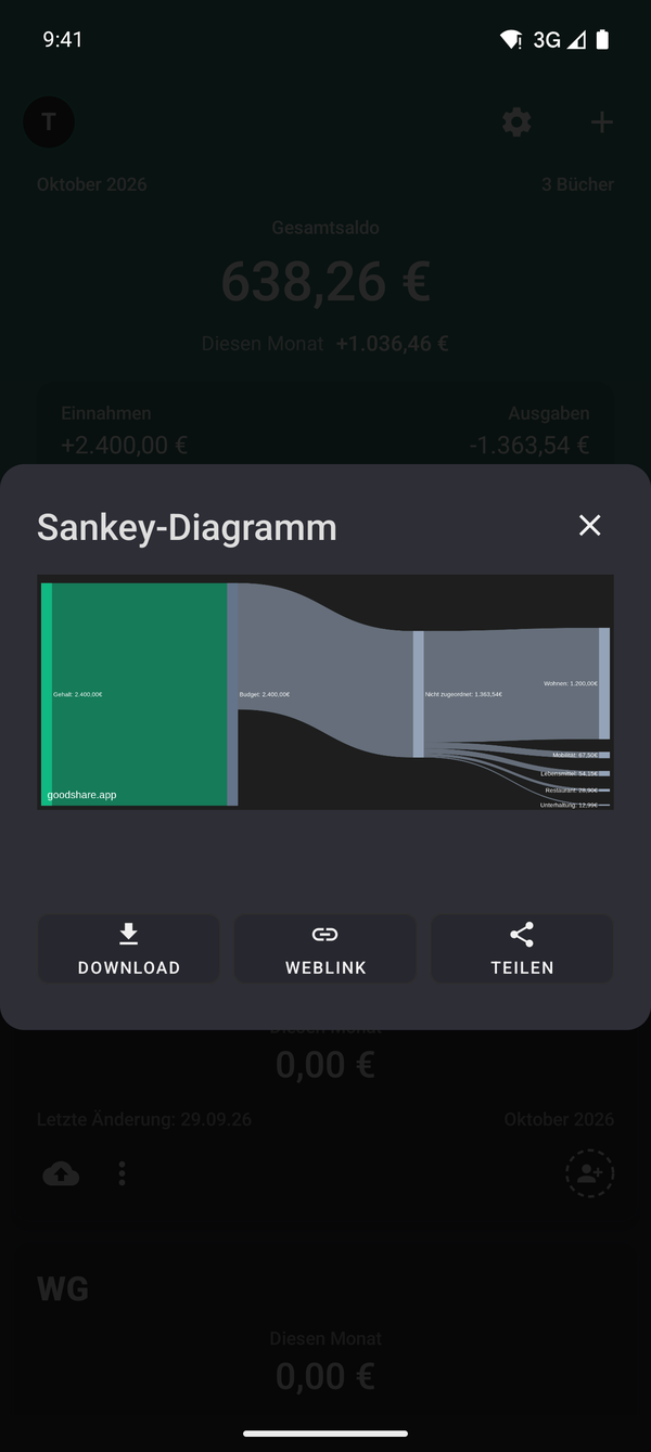 Sankey-Diagramm: Geldfluss von den Einnahmen zu den Ausgaben in GoodShare