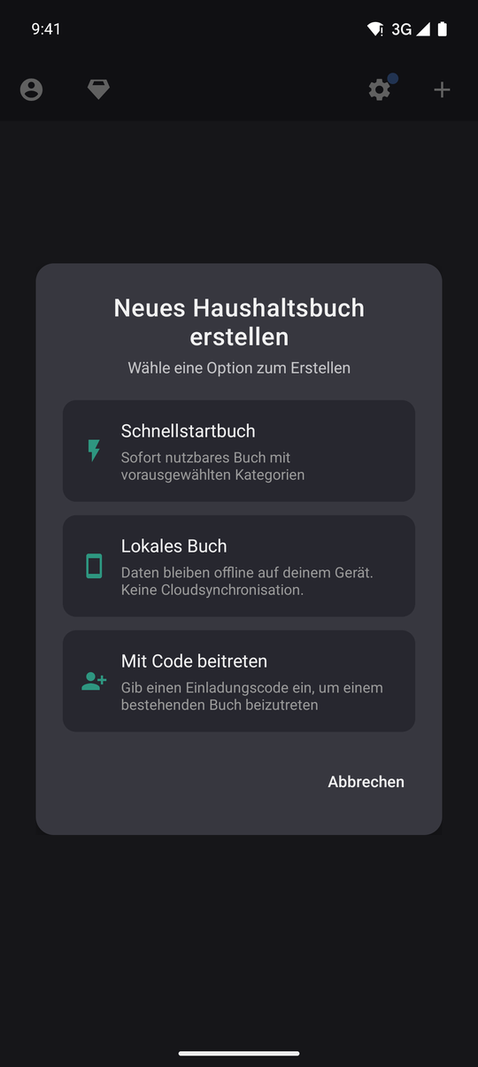 Dialog Neues Buch mit der Option Lokales Buch: Daten bleiben offline auf dem Gerät