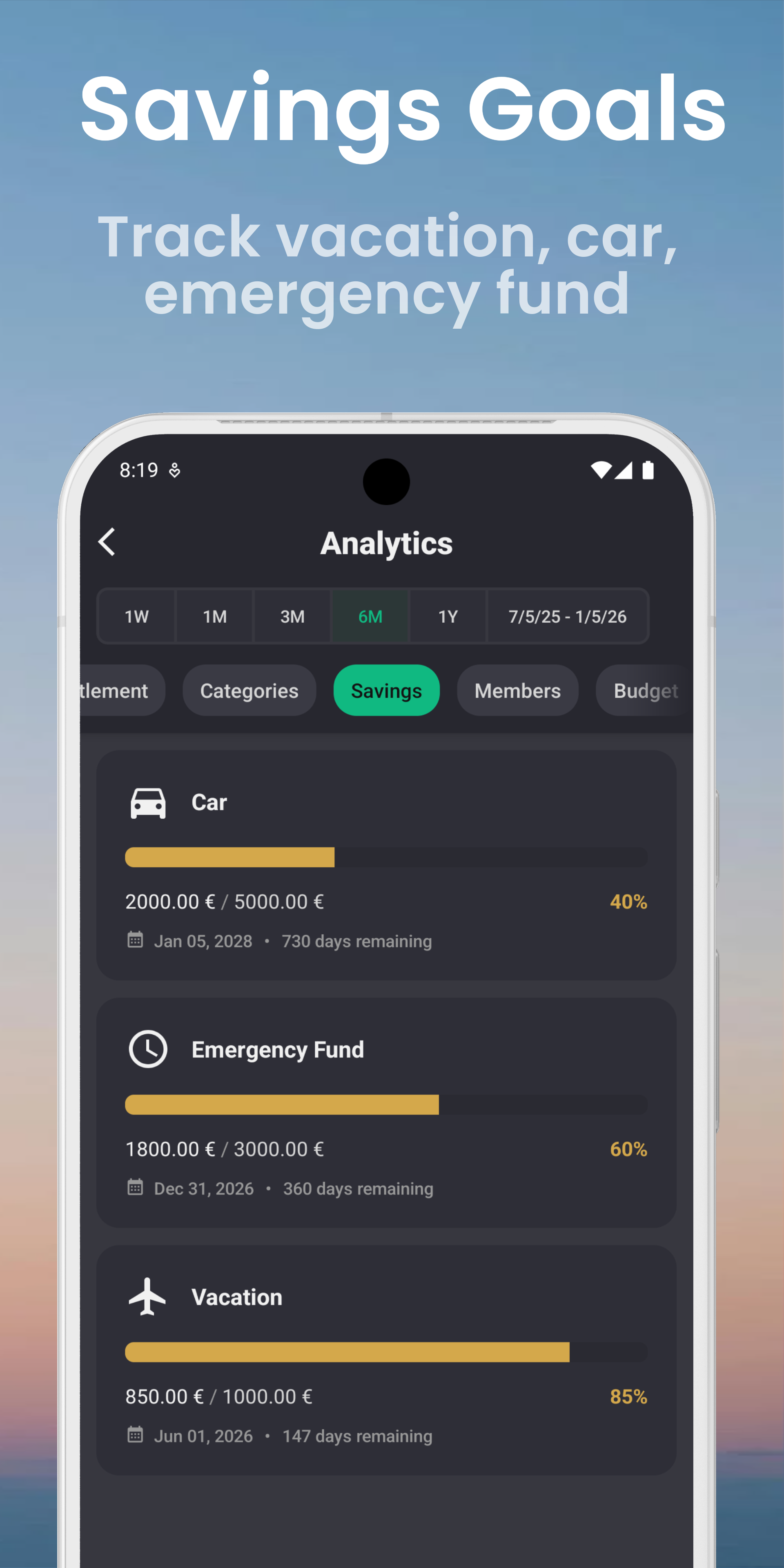Savings Goals - Track vacation, car, emergency fund