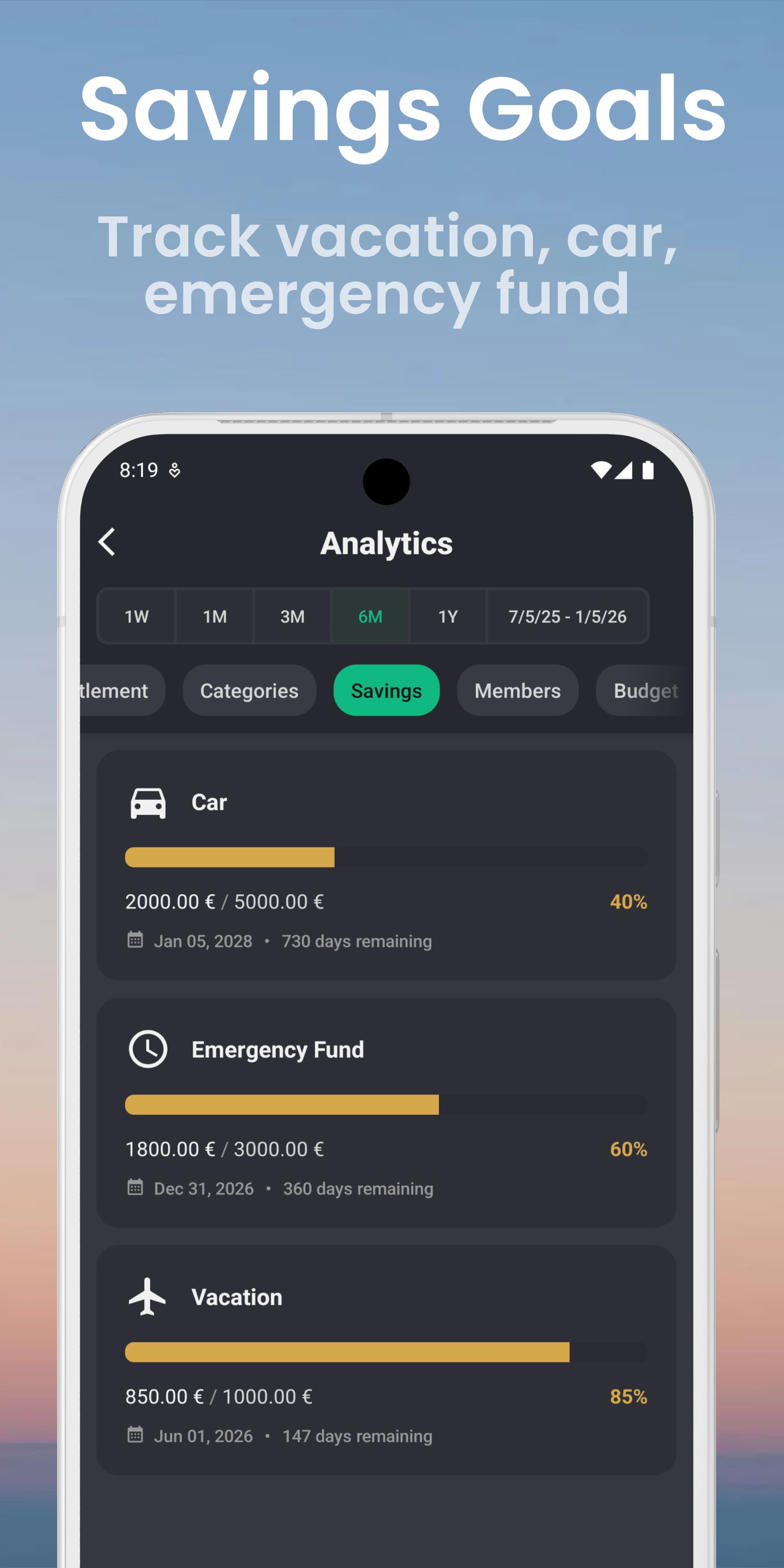 Savings Goals - Track vacation, car, emergency fund