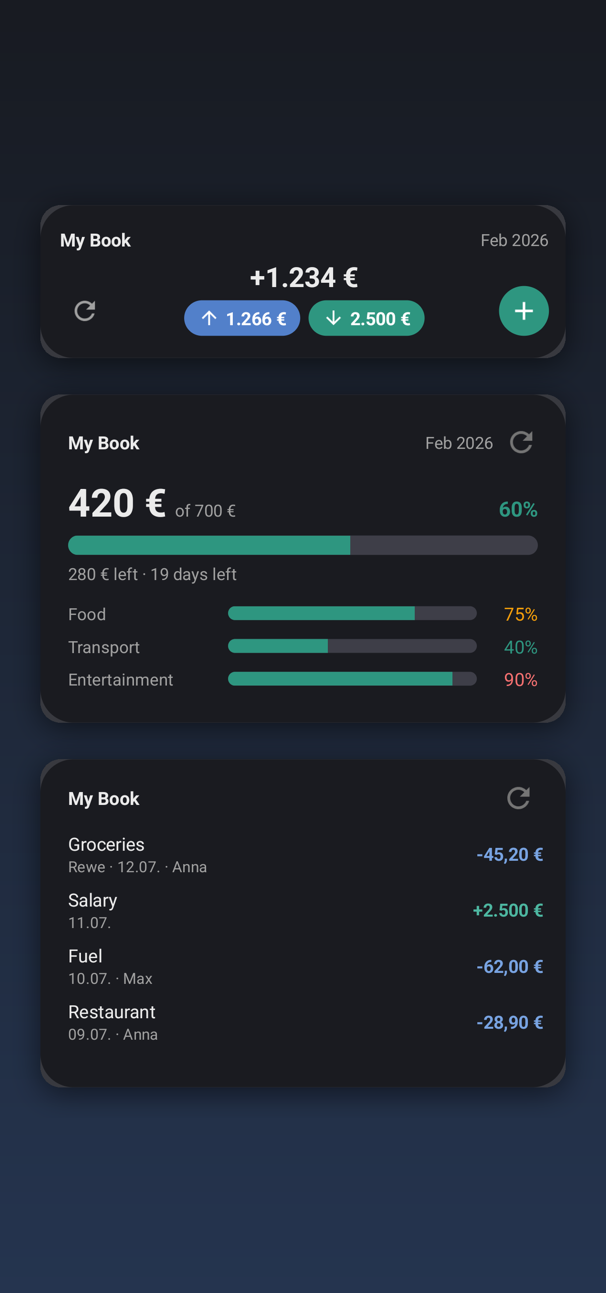 GoodShare home screen widgets: balance with quick add, budget status and recent transactions